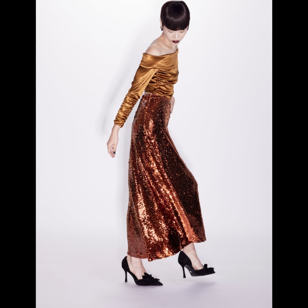 Zara copper orange metallic sequin midi skirt